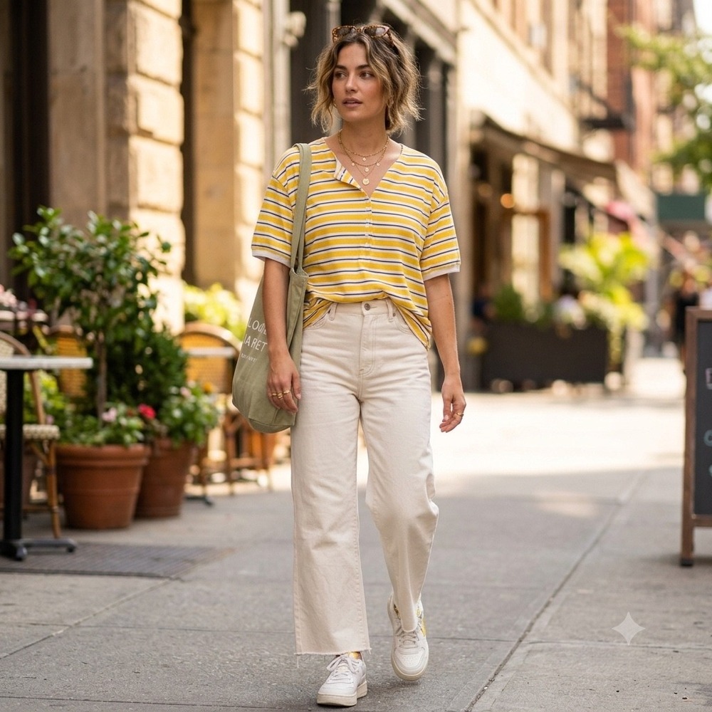 Womens Vintage 90s Henley Shirt M Yellow Striped Short Sleeve Casual Chic Preppy